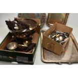 A BOX OF ASSORTED WHITE METAL WARE, to include a large rectangular tray, a silver plate on copper