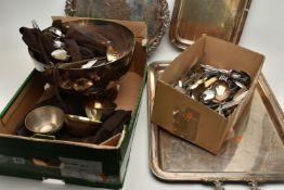 A BOX OF ASSORTED WHITE METAL WARE, to include a large rectangular tray, a silver plate on copper