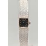 A 9CT WHITE GOLD LADYS 'LONGINES' WRISTWATCH, manual wind, square black dial signed 'Longines',