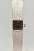 A 9CT WHITE GOLD LADYS 'LONGINES' WRISTWATCH, manual wind, square black dial signed 'Longines',