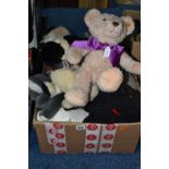 ONE BOX OF SOFT TOYS, to include a Steiff teddy 664847 with gold ear button and yellow label 2016