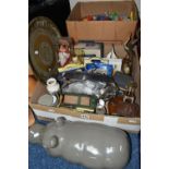 TWO BOXES AND LOOSE METAL WARES, TOYS, PICTURES AND SUNDRY ITEMS, to include two silver souvenir