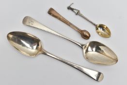 TWO EARLY 19TH CENTURY OLD ENGLISH PATTERN SILVER TABLESPOONS BY THE BATEMAN FAMILY, TOGETHER WITH A