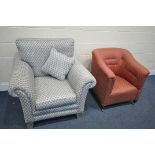 A MODERN GREY PATTERNED SINGLE ARMCHAIR, width 100cm, and a 19th century red upholstered armchair,