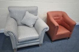 A MODERN GREY PATTERNED SINGLE ARMCHAIR, width 100cm, and a 19th century red upholstered armchair,