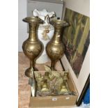 A BOX AND LOOSE BRASSWARES, VASE AND FRAMED PRINT, to include a tall pair of brass vases, height