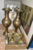 A BOX AND LOOSE BRASSWARES, VASE AND FRAMED PRINT, to include a tall pair of brass vases, height