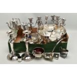 A BOX OF ASSORTED SILVER AND SILVER PLATE, to include a silver fiddle pattern ladle, hallmarked '