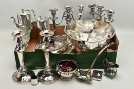 A BOX OF ASSORTED SILVER AND SILVER PLATE, to include a silver fiddle pattern ladle, hallmarked '