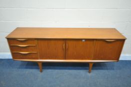 A MID CENTURY JENTIQUE TEAK SIDEBOARD, with three graduated drawers, a fall front door, double