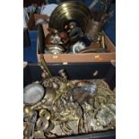 TWO BOXES OF BRASS AND COPPER, including brass door knockers, replica horse brasses, drawer handles,