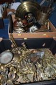 TWO BOXES OF BRASS AND COPPER, including brass door knockers, replica horse brasses, drawer handles,