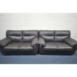 A PAIR OF BROWN LEATHER TWO SEATER SETTEES, length 157cm x depth 94cm x height 90cm (condition