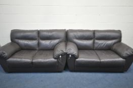 A PAIR OF BROWN LEATHER TWO SEATER SETTEES, length 157cm x depth 94cm x height 90cm (condition