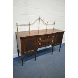 AN EARLY TO MID 20TH CENTURY MAHOGANY AND INLAID SIDEBOARD, with a brass raised back, panelled