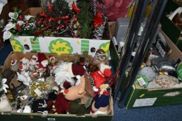 THREE BOXES AND LOOSE SEWING INTEREST AND CHRISTMAS DECORATIONS, to include sewing needles, pins,