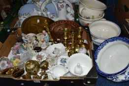 TWO BOXES AND LOOSE CERAMICS, GLASS, TABLE LINEN AND METALWARE, ETC, including four pottery