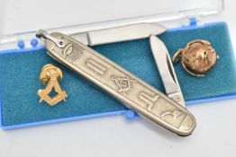 THREE ITEMS OF MASONIC REGALIA, to include a gold plated masonic folding ball pendant, stamped 'Made