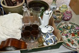 ONE BOX OF CERAMICS AND SUNDRIES, to include a circular crocheted table cloth, a French mantel clock