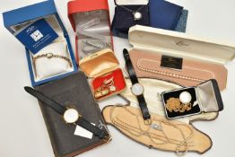 A BOX OF ASSORTED ITEMS, to include a ladys 'Rotary' quartz wristwatch, two boxed imitation pearl
