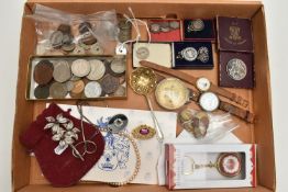 A BOX OF ASSORTED ITEMS, to include a boxed 'Festival of Britain' crown coin, four Half Crowns, a