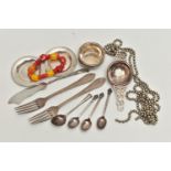 SILVER AND WHITE METAL ITEMS WITH A BRACELET, to include a silver tea strainer with dish, hallmarked