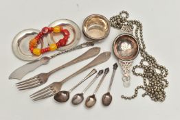 SILVER AND WHITE METAL ITEMS WITH A BRACELET, to include a silver tea strainer with dish, hallmarked