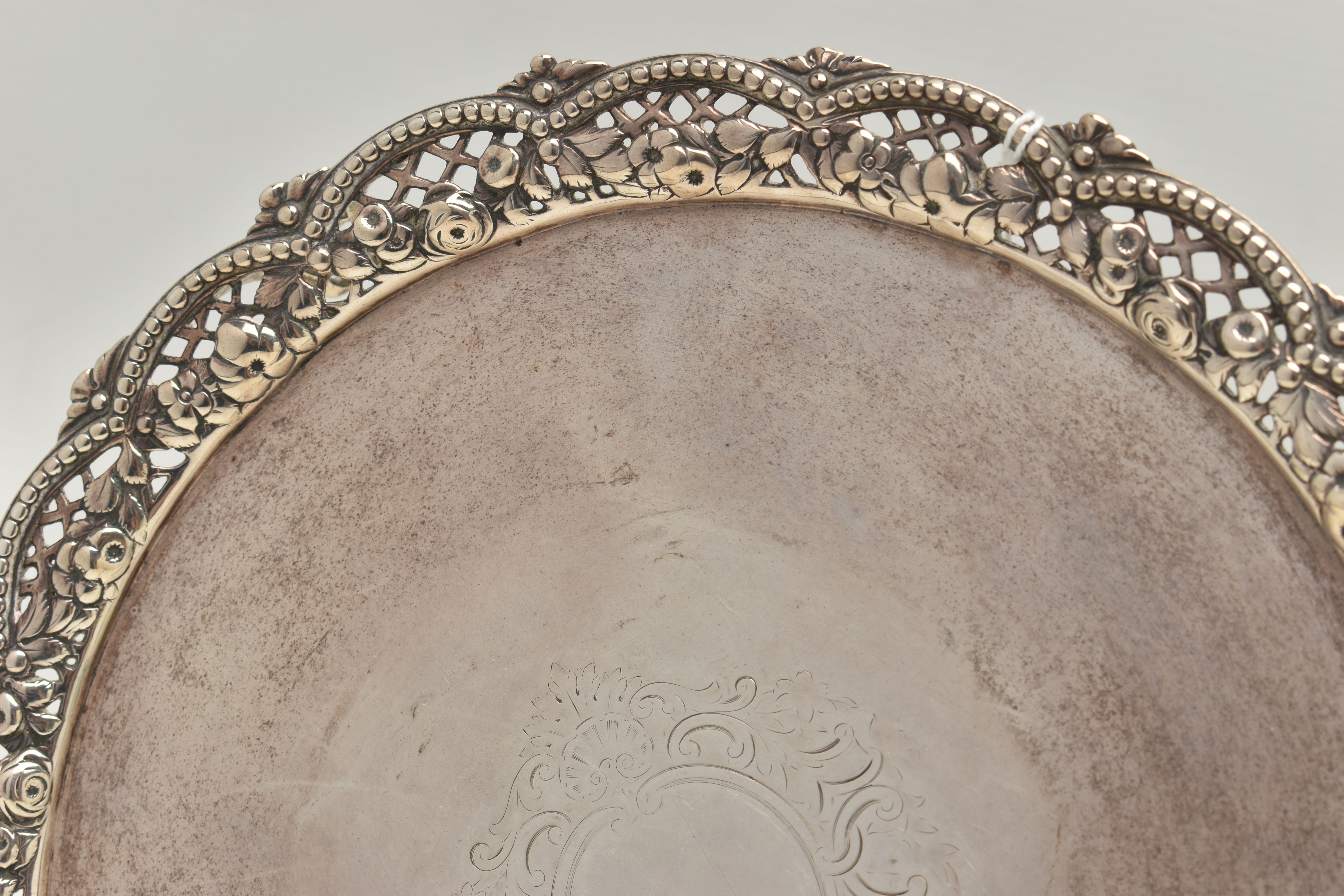 A VICTORIAN SILVER SALVER WITH A WAVY, BEADED, PIERCED AND FOLIATE CAST BORDER, worn foliate - Image 3 of 6