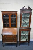 AN EDWARDIAN MAHOGANY AND INLAID ASTRAGAL GLAZED TWO DOOR CORNER CUPBOARD, width 62cm x depth 40cm x