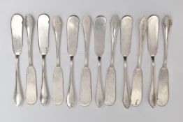 TWELVE WHITE METAL BUTTER KNIVES, trefoil pattern terminals, each stamped 800 Austrian control