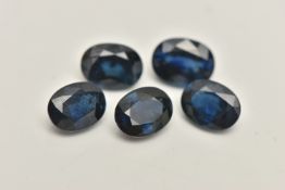 FIVE LOOSE OVAL CUT SAPPHIRES, deep blue sapphires, each approximately weighing between 1.15ct to