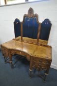 AN EARLY 20TH CENTURY QUARTER VENEER WALNUT AND ROSEWOOD CROSSBANDED DRESSING TABLE, with a triple