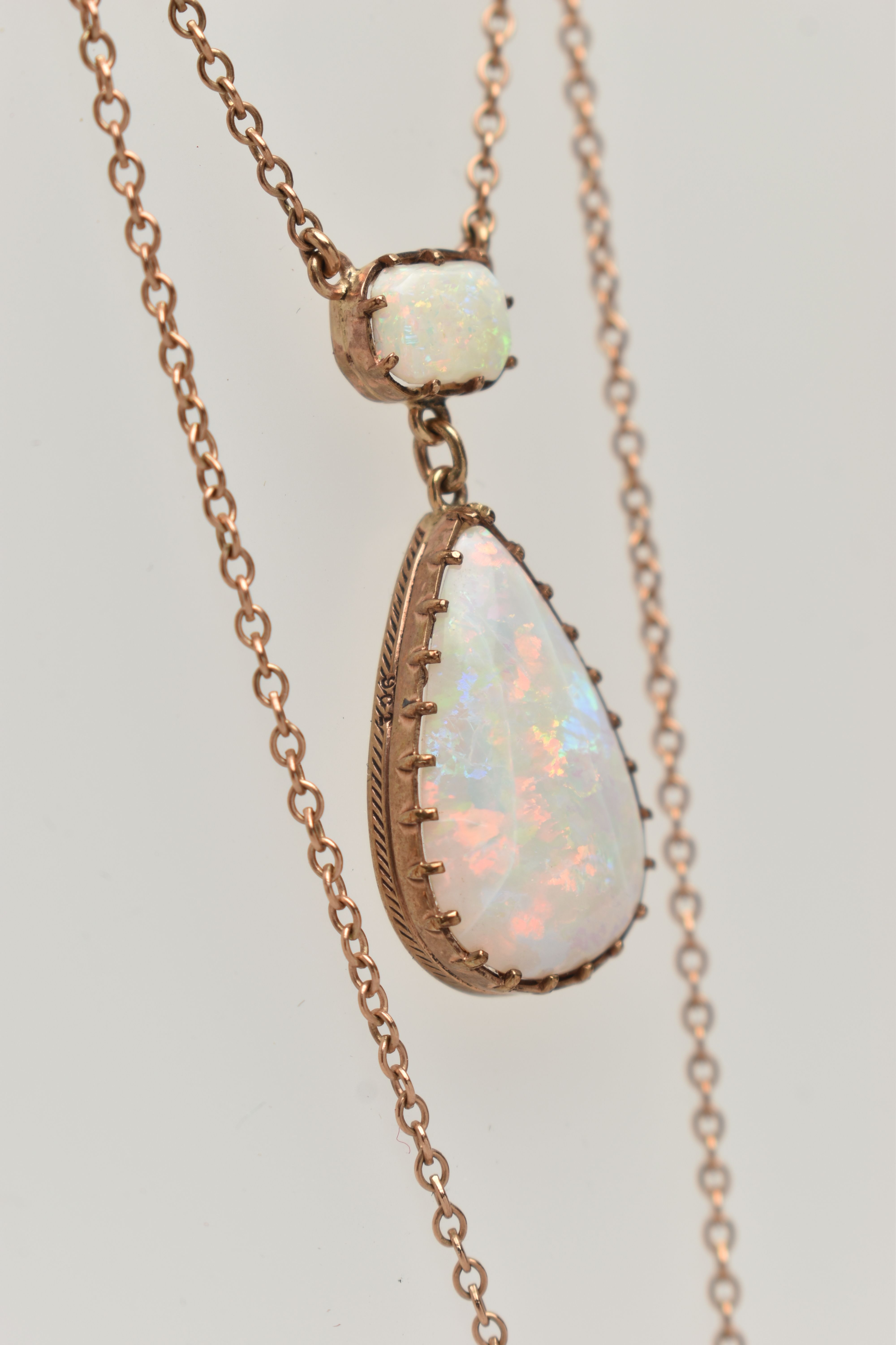 AN OPAL PENDANT NECKLACE, pear cut opal cabochon measuring approximately 22.3mm x 14.4mm, claw set - Image 3 of 5