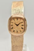 A 9CT GOLD 'BUECHE-GIROD' WRISTWATCH, hand wound movement, rectangular textured dial, signed '