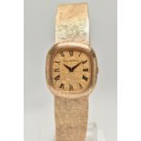 A 9CT GOLD 'BUECHE-GIROD' WRISTWATCH, hand wound movement, rectangular textured dial, signed '