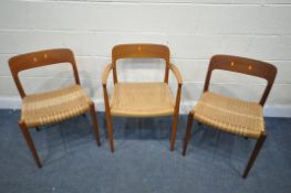 A SET OF THREE MID CENTURY DANISH TEAK MODEL 75 DINING CHAIRS, designed by Niels Moller for J.L