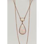 AN OPAL PENDANT NECKLACE, pear cut opal cabochon measuring approximately 22.3mm x 14.4mm, claw set