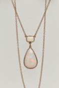 AN OPAL PENDANT NECKLACE, pear cut opal cabochon measuring approximately 22.3mm x 14.4mm, claw set