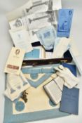 A MASONIC APRON, CALENDER AND PAPERS, all encased in a brown breif case