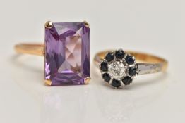 TWO GEM SET RINGS, the first designed as a four claw set, rectangular cut synthetic sapphire, open
