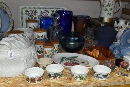 A COLLECTION OF CERAMICS AND GLASS WARES, to include a blue art glass vase by Henry Dean, signed
