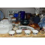 A COLLECTION OF CERAMICS AND GLASS WARES, to include a blue art glass vase by Henry Dean, signed