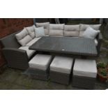 A PLASTIC RATTAN GARDEN SET, comprising a corner sofa, length 254cm x depth 195cm x height 84cm,