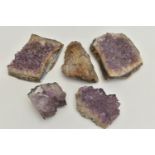 FIVE SEMI PRECIOUS GEMSTONE SPECIMENS, to include samples of amethyst geodes, and one druzy quartz