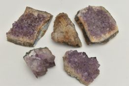 FIVE SEMI PRECIOUS GEMSTONE SPECIMENS, to include samples of amethyst geodes, and one druzy quartz