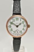 A 9CT GOLD WWI ROLEX TRENCH WRISTWATCH, hand wound movement, round dial signed 'Rolex', Arabic