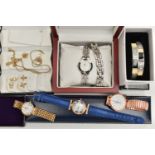 A BOX OF ASSORTED ITEMS, to include a boxed ladys 'Torcello quartz' wristwatch, a boxed ladys 'Via