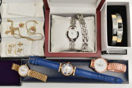 A BOX OF ASSORTED ITEMS, to include a boxed ladys 'Torcello quartz' wristwatch, a boxed ladys 'Via