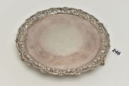 A VICTORIAN SILVER SALVER WITH A WAVY, BEADED, PIERCED AND FOLIATE CAST BORDER, worn foliate