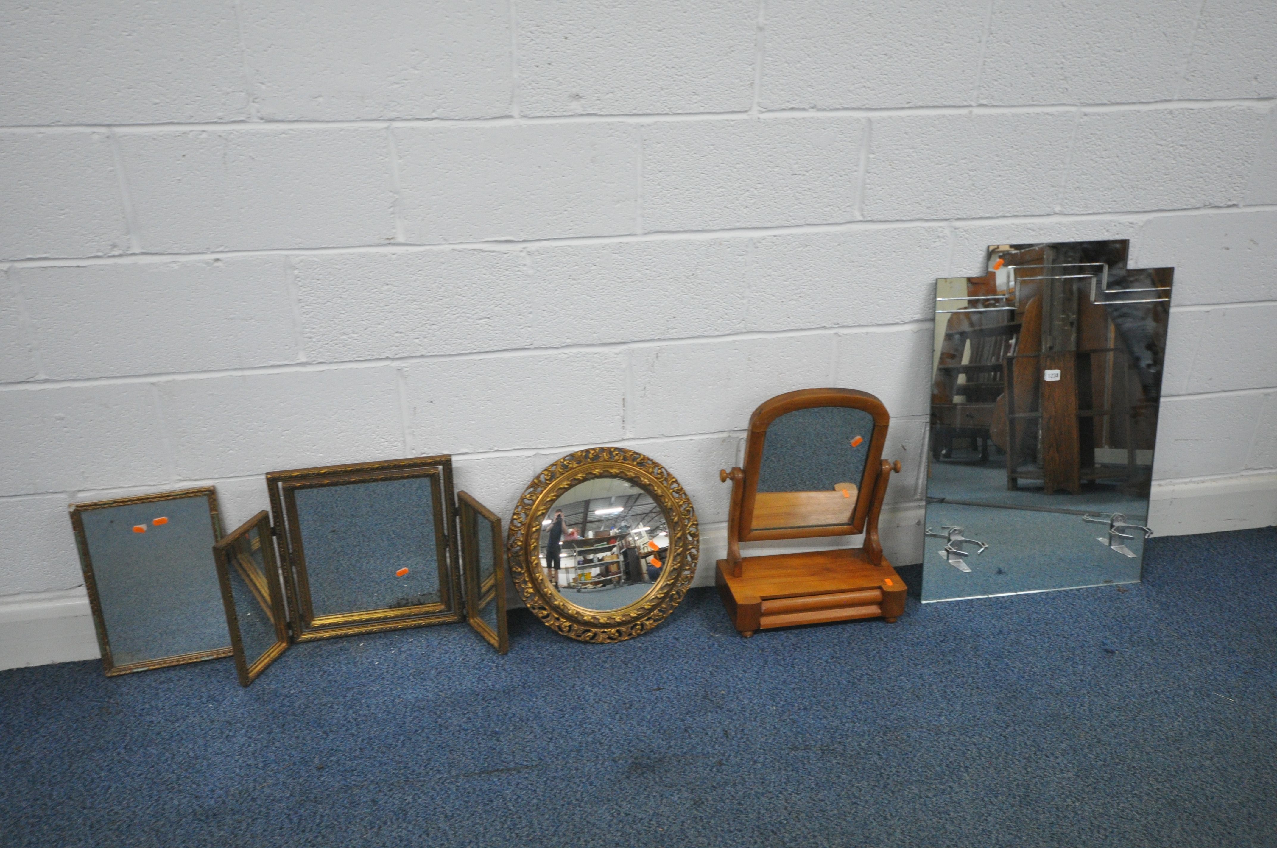 AN ART DECO BATHROOM MIRROR, with twin chrome holders, along with a Victorian swing mirror, a